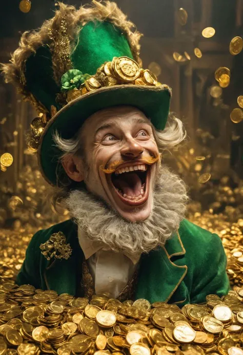 amazing quality, masterpiece, best quality, hyper detailed, ultra detailed, UHD, perfect anatomy, portrait, dof, hyper-realism, majestic, awesome, inspiring, Poster Art with Text="like for gold", Dagobert Duck 
laughing greedily, badly costumed AS Freak Irish leprechaun, amidst a room full of gold coins, cinematic composition, soft shadows, national geographic style