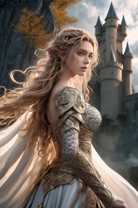Visualize a fierce woman warrior in a medieval fantasy setting. She stands tall, exuding confidence and allure. Her armor, while functional, has intricate designs that accentuate her form. Flowing locks of hair cascade down her back, contrasting with the sharpness of the weapon she wields. The backdrop is a majestic castle, with mythical creatures soaring in the sky. All of this is rendered in a 3D anime style, blending the depth and realism of 3D graphics with the unique aesthetics of anime
