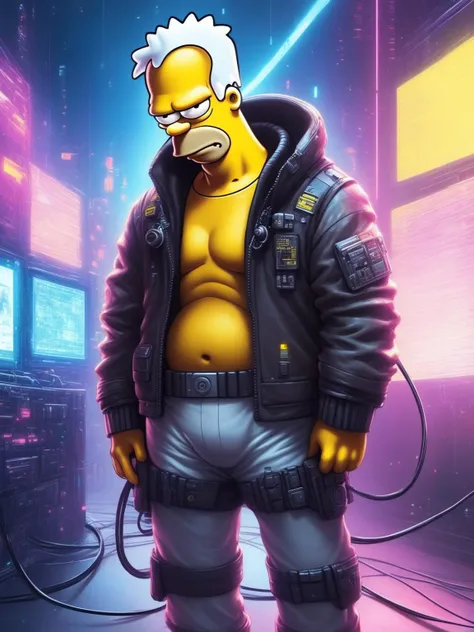 Cyberpunk Style, 1man, Homer Simpson,  full body shot, cyberpunk clothing,  male focus, cyberpunk  background, robot, science fiction, solo, full body, wires and cables, <lora:ComicBookStyleSDXL:1> <lora:insanobot:1>