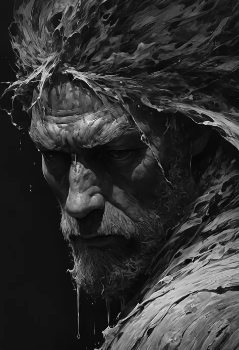 Monochrome Super Closeup of Profil of gritty face, Capture the dystopian casual essence of moses as feudal Cyber Ninja, the Moment he relentlessly splits up the sea into two gigantic neon-pastel water columns. Explore the somber tones and bleak atmosphere in your depiction, emphasizing the eternal struggle and challenge of his plans from a side perspective.