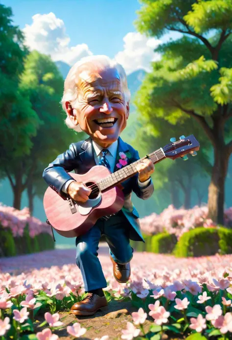 (masterpiece),(best quality),(ultra-detailed), (full body:1.2), 1joe Biden,chibi,cute, smile, open mouth, flower, outdoors, playing guitar, music, beret, holding guitar, jacket, blush, tree, :3, shirt, short hair, cherry blossoms, green headwear, blurry, brown hair, blush stickers, long sleeves, bangs, headphones, black hair, pink flower, (beautiful detailed face), (beautiful detailed eyes), <lora:blindbox_v1_mix:1>,