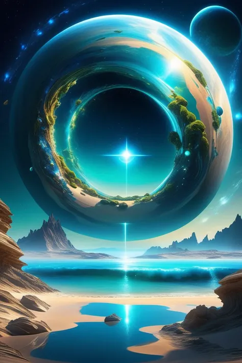 apocalyptic, Alien planet with bioluminescent flora, Desert Planet, An ocean world with no visible landmasses, inhabited by intelligent, telepathic marine life forms., Wormhole , (masterpiece,best quality:1.6)