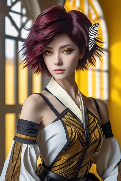 \n(masterpiece,best quality, ultra realistic,32k,RAW photo,detailed skin, 8k uhd, dslr,high quality:1.3), film gain, origami style \n1lady, Bare shoulder, Alabaster hair, short hair, zebra print Skinny jeans and button-down shirt,Grilled meat . paper art, pleated paper, folded, origami art, pleats, cut and fold, centered composition, a symbol, a copy of a facsimile, never one - to - one, creation is in the entropy. mandala - yin - yang this side the hyperplane, seeing all sides a bit insane, perfect glass diamond a prison prisms light, sheen shine divine a mirror - box plight. also, a fursuit., (coloful,\ud83c\udf08:1.1), by karol bak, tom bagshaw, rococo, sharp focus, trending on artstation, cinematic lighting, hyper realism, octane render, 8 k, hyper detailed
short hair , Burgundy hair,lady, brown eyes, dark white Boots, freckles,
(Yellow gradient background, simple background:1.3), (masterpiece,best quality:1.5)