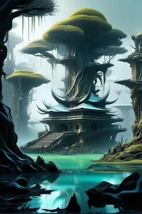 A murky swamp with twisted trees rising from the water, Digital Art, Magnolia, Splendid, Raphael ,cybernetic, Orbital defense platform, Space pirate hideout, A frigid ice world with sprawling glaciers and vast underground oceans, harboring unique aquatic life., Dystopian metropolis , (masterpiece,best quality:1.6)