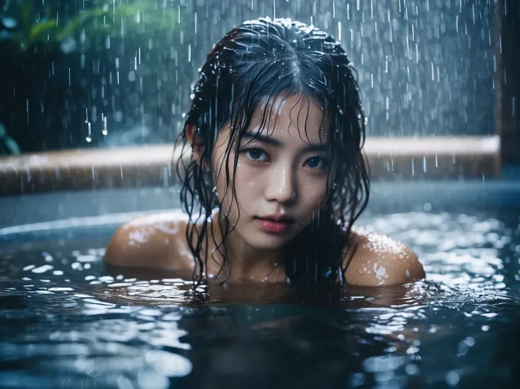 1 girl with moist skin,profile,(Wet Hair:1.2),(fog:1.2),haze,torogao,Shiny skin,Glowing Skin,(Partially submerged in the pool:1.2),(Wet Hair:1.2),shower,Rainfall,Immerse in water,moisture,(Japanese hot springs:1.4),(Cinematic Light:1.2),Dark Night,Clear Background,Kodak Portrait 400,landscape/scenery,against backlight at dusk,Beautiful detailed water,Cowboy Shot,Very beautiful eyes,, Highest quality, masterpiece, High resolution, Absurd, incredibly Absurd, Large file size, wallpaper, colorful,8K,RAW Photos