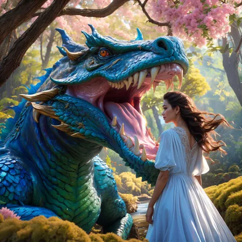 Unusual Princess, can speak to animals, lives in the enchanted forest, stands before a dragon's lair of emerald shimmering scaled dragons