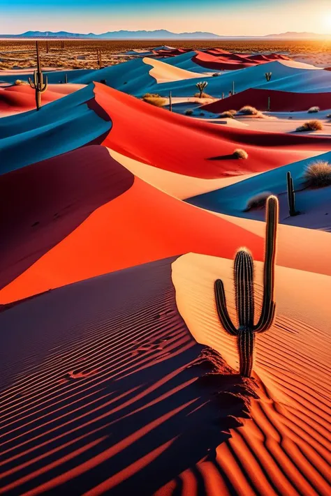 A red desert with sand dunes and cacti under a bright blue sky, Harmony, Triangle, reflected light, negative fill , (masterpiece,best quality:1.6)
