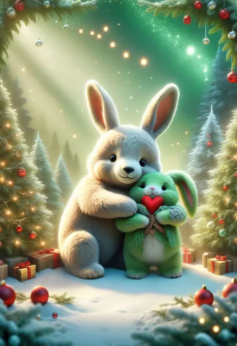 Guess How Much I Love You hugs a cute bear in Christmas Woods, moody light, festive firns, snowy rabbit holes, Green AI overlord Guardian in Background