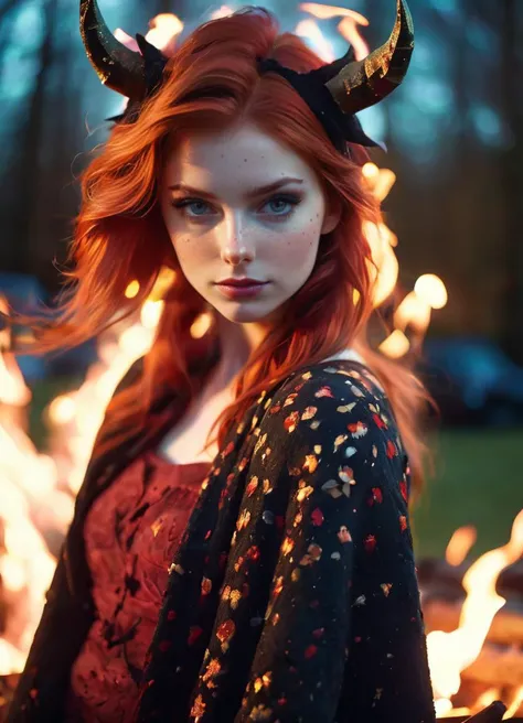 (full body shot:1.3) cinematic photo 21-year-old, solo, (redhead:1.1) dressed as scary horned demon, celebrating (Gaelic May Day festival:1.5) (nighttime:1.26) (bonfire, sparks, flame:1.22) (moody, shadowy lighting:0.9), high-detail, 4K , 35mm photograph, film, bokeh, professional, 4k, highly detailed, detailed skin texture, (blush:0.5), (goosebumps:0.5) , subsurface scattering, Photorealistic, Hyperrealistic, analog style, realistic, film photography, soft lighting, heavy shadow