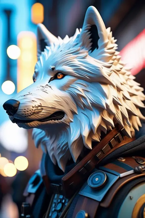 cinematic film still (Detailed face features:1.3), (RAW photo, 16k, masterpiece, best quality: 1.2),ce Carving in Ian McQue style Full-Length Shot of Time-traveler (Direwolf:1.3) of Echolocation, Mirrored City, Hypnotic, Retro-Futuristic, trending on Artstation, masterpiece, Vintage(ultra-realism, hyper-detailed and intricate realism: 1.3), (wide depth of field, radiant mapping, ray tracing, god rays: 1.2), . shallow depth of field, vignette, highly detailed, high budget, bokeh, cinemascope, moody, epic, gorgeous, film grain, grainy