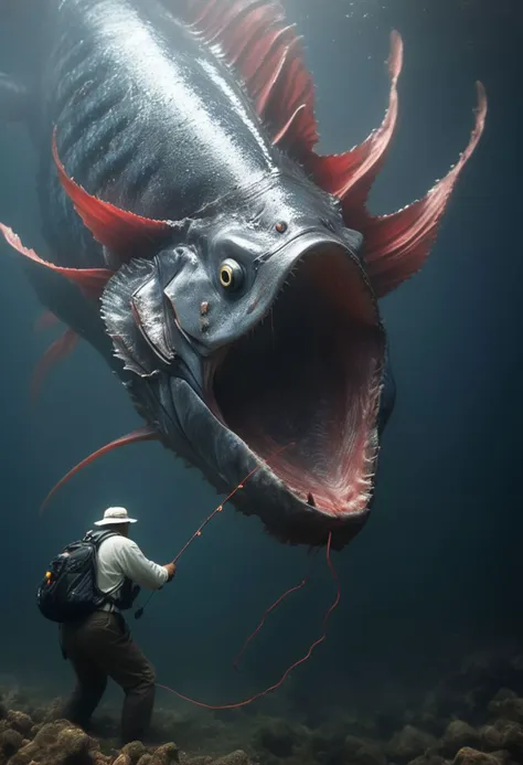 very dark focused flash photo, amazing quality, masterpiece, best quality, hyper detailed, ultra detailed, UHD, perfect anatomy, portrait, dof, hyper-realism, majestic, awesome, inspiring, fisherman tries to cath a giant artsy oarfish in the ultimate boss battle with a fishernet. cinematic composition, soft shadows, national geographic style