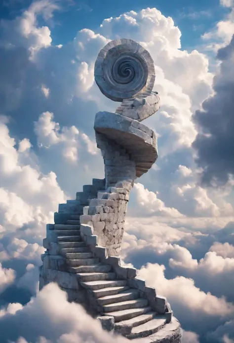 otclillsn, an ancient weathered stone spiral staircase Up into the Clouds, crazy geometrical unbelievable Illusion, blue Clouds Sky, very detailed, Castle at top of clouds,