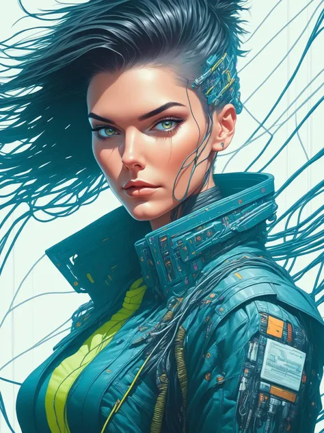 in the style of artgerm, Cyberpunk Style, 1woman, Kendal Jenner, cyberpunk clothing, jacket, female focus, cyberpunk background, robot, science fiction, solo, upper body, wires and cables, <lora:CyberpunkSDXL:1>