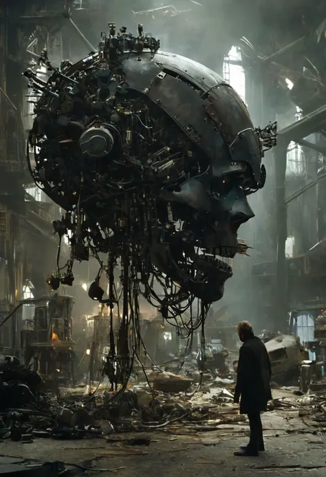 In a dystopian industry  complex with dense haze and mist, a Silhouette of a scenery Installation by Ridley scott: like a dystopian explosion graphic but extreme detailed and beautiful - a sheme in Mist of luminous Disassembled into a myriad of sci-fi components, the robotic head takes shape as a mere fragment of a Beautiful rusty gritty punk Cyborg face begins to emerge. Flock of birds flying away. Among the intricate amalgamation of metals, plastics, precious alloys, glass, and contained plasma, a subtle hint of a screaming profil countenance starts to materialize a fragmented visage that holds the promise of expression within its meticulously assembled chaos.
very detailed, hd, RAW photograph, masterpiece, top quality, best quality, official art,highest detailed, atmospheric lighting, cinematic composition, complex multiple subjects, 4k HDR, vibrant, highly detailed, Leica Q2 with Summilux 35mm f/1.2 ASPH, Ultra High Resolution, wallpaper, 8K, Rich texture details, hyper detailed, detailed eyes, detailed background, dramatic angle, epic composition, high quality , (8k, RAW photo, highest quality), hyperrealistic,