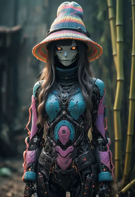 Create a vivid description capturing the essence of a slender Cyborg wearing a boldly patterned neon-striped chunky knit turtleneck sweater and Large round Bamboo hat, It gazes directly at the camera, extending his arm with fingers forming a peace sign. The surreal scene is further enhanced as her long hair seamlessly merges with the vibrant background.
raw photo, a blue sunset landscape, photorealistic, high detailed texture, 8k uhd, dslr, soft lighting, high quality, film grain, Fujifilm XT3, highly detailed photographvibrant, insanely detailed, hyperdetailed,
atmospheric haze, Film grain, cinematic film still, shallow depth of field, highly detailed, high budget, cinemascope, moody, epic, OverallDetail, gorgeous, 2000s vintage RAW photo, photorealistic, candid camera, color graded cinematic, eye catchlights, atmospheric lighting, skin pores, imperfections, natural, shallow dof