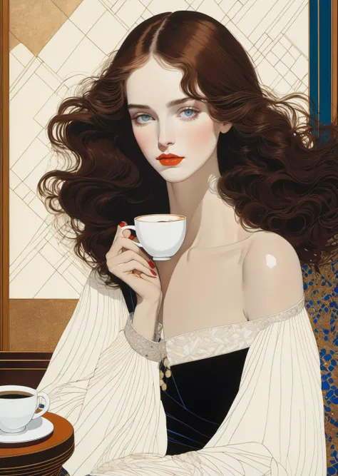 1 beautiful young woman,
drinking coffee,
photorealistic
( 8k, art by Harry Clarke, Hayv Kahraman )
