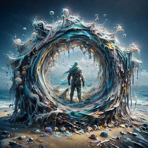 realism, perfect lighting, colorful, joyful, amazing, detailed, beach, ocean, waves, neon water, night light, moon, epic, gigantic waves, 5 meters high, man standing against them, different planet