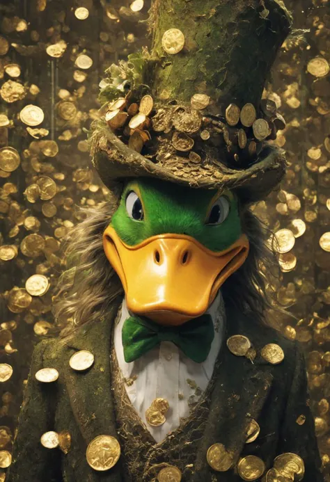 amazing quality, masterpiece, best quality, hyper detailed, ultra detailed, UHD, perfect anatomy, portrait, dof, hyper-realism, majestic, awesome, inspiring, Dagobert Duck badly costumed AS Freak Irish leprechaun, amidst a room full of gold coins, cinematic composition, soft shadows, national geographic style