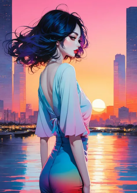 1girl, looking far way
cleavage
walking
sunset
gradient color, shadow
detailed
(art by
Yuumei Harumi Hironaka,)