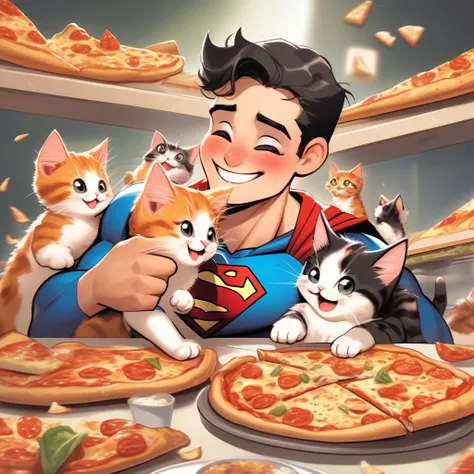 superman happy and eating pizza at a buffet, happy and smiling, joyful, loving, pet kitten on shoulder, pet calico kitten eating pizza, kittens eating food at a buffet with the superman