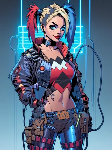 in the style of Dan Mumford, Cyberpunk Style, 1woman, Harley Quinn , full body shot, half robotic face, cyberpunk clothing, metal cyberpunk gear, female focus, transparent cyberpunk background, robot, science fiction, solo, full body, wires and cables, <lora:ComicBookStyleSDXL:1> <lora:insanobot:1> <lora:Cyberpunk _Anime_sdxl:1> <lora:tech_streetwear:1>