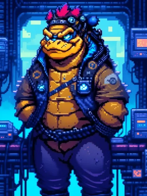 in the style of Dan Mumford, Cyberpunk Style, 1man, King Koopa , full body shot, half robotic face, cyberpunk clothing, metal cyberpunk gear, male focus, transparent cyberpunk background, robot, science fiction, solo, full body, wires and cables, <lora:ComicBookStyleSDXL:1> <lora:insanobot:1> <lora:Cyberpunk _Anime_sdxl:1> <lora:pixelbuildings128-v2:1>