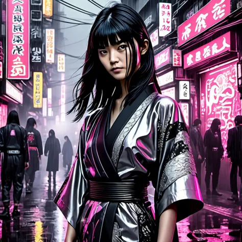 stylistic graphic art, detailed realism, Suzuka Nakamoto <lora:Suzuka_Nakamoto-XL-000005:0.6>Dystopian, (chiaroscuro:1.1), Cyberpunk night, young cute asian woman beside building, neon signs, tokyo future, futurepunk, futuristic metal and lace kimono, gritty cyberpunk market. wide angle. glaring narrow eyes. long black hair, black and silver dress bottom, gear, black eyes, steamy rain