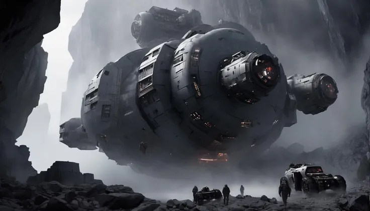 Horror-themed highly detailed illustration of a gigantic space laboratory with windows on gigantic wheels, outside in rocky terrain, very rocky, flashlight beams in the background, very dark, spooky, horror, eerie, unsettling, dark, spooky, suspenseful, grim, realism, fog, <lora:SDXL_Fog_Sa_May_V2:1.0>