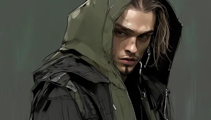 illustration, keira knightly as a young man, goatee, chin strap, shaved head, tanned skin, mouth open, talking, dark room, dim light on his face, tech_streetwear, black_jacket, hood up, fully facing camera, portrait, closeup of only face, realism, background is dark green grey futuristic decorative streaks <lora:tech_streetwear:1>