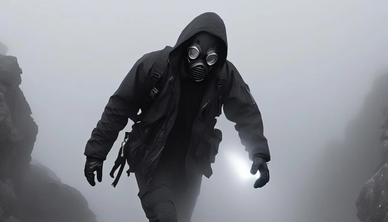 Horror-themed highly detailed illustration of a person wearing a black_jacket, black_gloves, mask <lora:tech_streetwear:1> carrying a flashlight, in the fog, walking through rough terrain between large rocks, very rocky, flashlight beams in the background, very dark, bottom of the ocean, spooky, horror, eerie, unsettling, dark, spooky, suspenseful, grim, realism, fog, <lora:SDXL_Fog_Sa_May_V2:1.0>