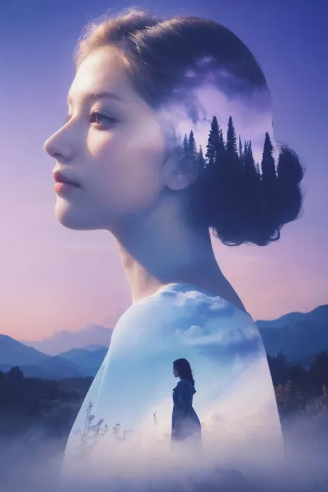 niji style, (lip, looking at viewer:1.4), black eyes, 
Double Exposure Style, Volumetric Lighting, leaning forward,light depth, dramatic atmospheric lighting, Volumetric Lighting, double image ghost effect, image combination, double exposure style
(realistic, photorealistic),
(blue and purple:1.2), gradient, vivid color
siweishendu, silhouette, 1girl, dusk, nature, cloudy sky,<lora:SCMIXFACE-V2:0.6> <lora:æç»´æ·±åº¦SDXLç¬¬ä¸ç:0.7>siweishendu
A dress made up of colorful water, with water dotted around the girl's side. The water around the girl in ribbons, <lora:add-detail-xl:1>
