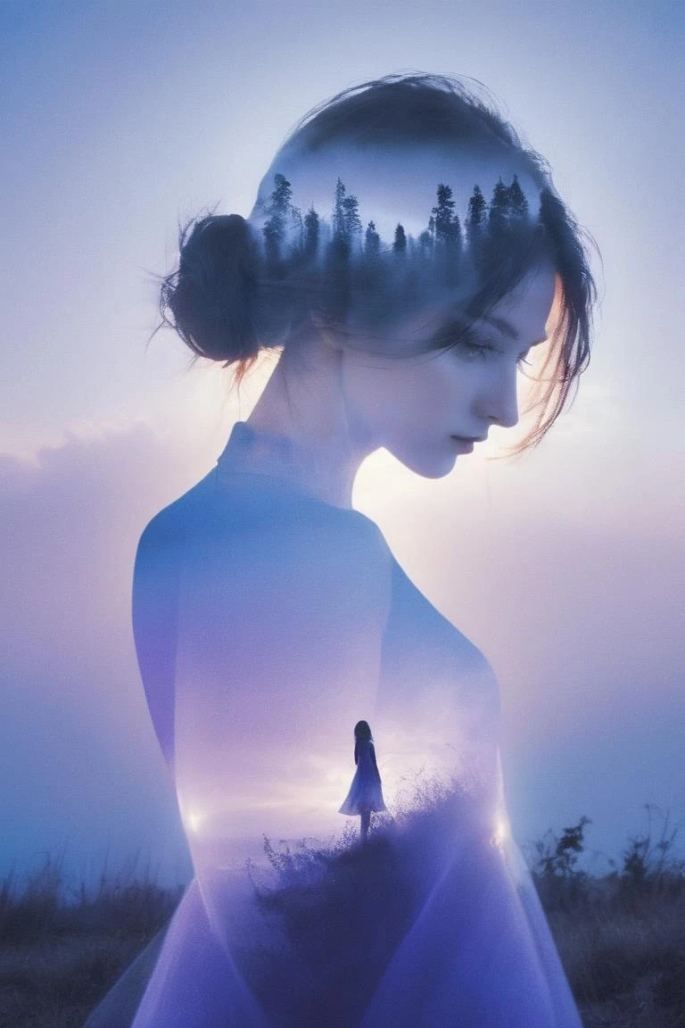 niji style, (looking at viewer:1.4), black eyes, black hair, (full body:1.2),
Double Exposure Style, Volumetric Lighting, leaning forward,light depth, dramatic atmospheric lighting, Volumetric Lighting, double image ghost effect, image combination, double exposure style
(realistic, photorealistic),
(blue and purple:1.2)gradient, vivid color
siweishendu, silhouette, 1girl, dusk, nature, cloudy sky,<lora:SCMIXFACE-V2:0.6> <lora:æç»´æ·±åº¦SDXL第ä¸ç:0.7>siweishendu
A dress made up of colorful water, with water dotted around the girl's side. The water around the girl in ribbons, <lora:add-detail-xl:1>