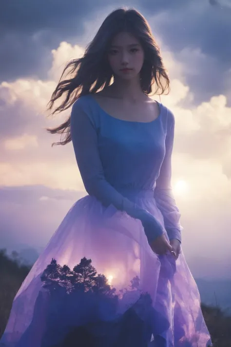 niji style, (looking at viewer:1.4), black eyes,
Double Exposure Style, Volumetric Lighting, leaning forward,light depth, dramatic atmospheric lighting, Volumetric Lighting, double image ghost effect, image combination, double exposure style
(realistic, photorealistic),
(blue and purple:1.2), gradient, vivid color
siweishendu, silhouette, 1girl, dusk, nature, cloudy sky,<lora:SCMIXFACE-V2:0.5> <lora:æç»´æ·±åº¦SDXL第ä¸ç:0.6>siweishendu
A dress made up of colorful water, with water dotted around the girl's side. The water around the girl in ribbons, <lora:add-detail-xl:1.5>
