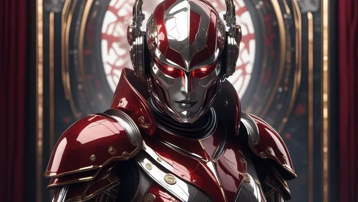 tarot card, cyborg with red chrome armor, looking at viewer, 8k, high quality