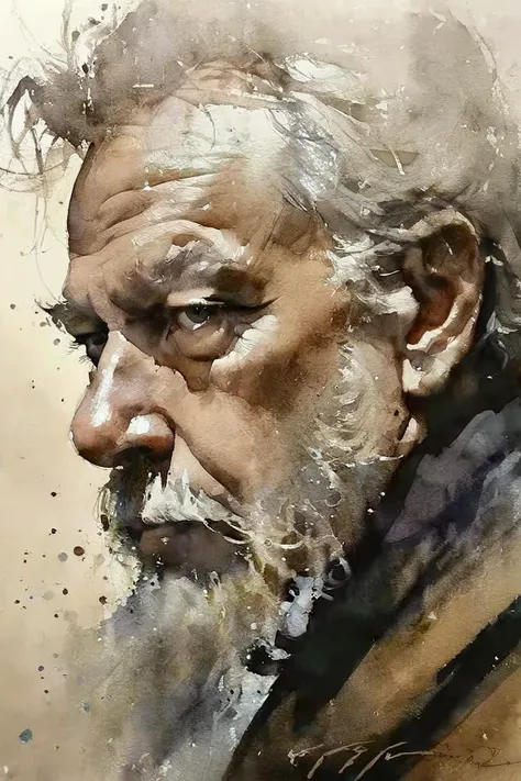 thomas schaller watercolor masterpiece,The image you've provided appears to be a portrait of an older man with a full beard,focused eyes,sparkling,curly beard,styled in a realistic manner. The artwork has a detailed and intricate style that suggests it might be done in a watercolor or pencil medium. The subject is depicted with a serious expression and is wearing traditional or historical attire,possibly indicative of a specific time period or cultural context. There are decorative elements around the edges,which could be symbols or insignias related to his status or identity within the context of the image. The background is dark and subdued,allowing the focus to remain on the portrait itself.,
<lora:art_sdxl:2.4>,watercolor,<lora:Watercolor _sdxl:0.6>,Watercolor style,