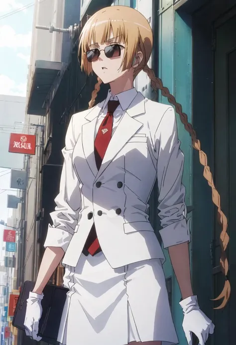 best quality, masterpiece, highres, solo, {igarashi_kaede_seitokaiyakuindomo:0.90}, {black business suit:1.40}, {tie:1.20}, {sunglasses:1.25}, {white gloves:1.15}, {white shirt:1.10}, {black skirt:1.15}, {smoking:1.20}, handsome