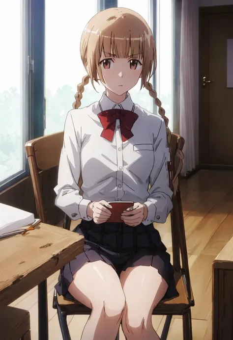 {safe:1.10}, best quality, masterpiece, highres, solo, {igarashi_kaede_seitokaiyakuindomo:0.90}, sitting, sitting on chair, chair, cowboy_shot, looking at viewer