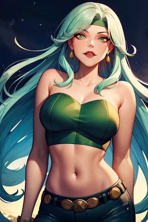 (masterpiece,best quality)), absurdres,
<lora:fire_DC_v1-10:0.8>, fire_DC, long green hair, crop top, pants,
upper body,