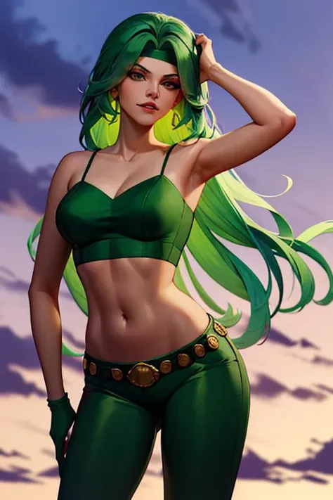 (masterpiece,best quality)), absurdres,
<lora:fire_DC_v1-10:0.8>, fire_DC, long green hair, crop top, pants,
cowboy shot,