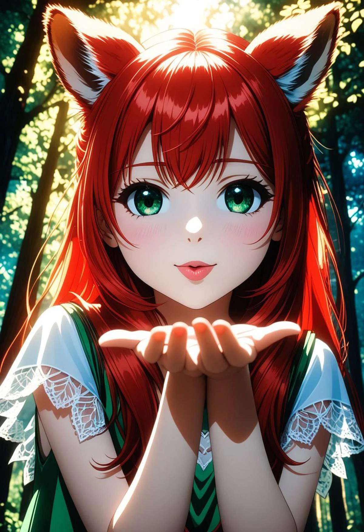 1 cute young girl, (extreme red hair), shoulder long hair, deep green eyes, ((very cute beautiful detailed face and eyes)), red squirrel ears, cute fluffy (squirrel tail), (small dark green dress), looks at the viewer, ((Blowing A Kiss From Hand, kiss mouth)), front view, from front, ((background summer forest)), sunlight shines through the trees, half body view, high angle shot, (red hearts flys in the air),
(masterpiece:1.2), (best quality:1.2), newest, ai-generated, ultra-detailed, best shadow, detailed background, high contrast, (best illumination, an extremely delicate and beautiful), ((cinematic light)), hyper detail, dramatic light, intricate details, 8k, anime, very aesthetic,