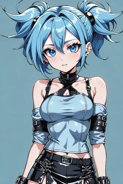 anime style, Prairie, 1girl, woman, punk rocker girl, cute, [:creative costume design,:0.2], bombshell punk hair, matte slate blue hair, Slicked Back Hair, torn leather skirt, bombshell hair, shiny color:lightblue metal hair, Chignon, soft body, wide hips, narrow waist, medium breasts, japanese<lora:EnvyCuteXL09:1>