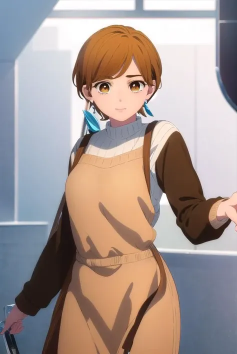 rinfujishiro, <lora:rin fujishiro-alpha-lora-nochekaiser:1>,
rin fujishiro, short hair, bangs, brown hair, (brown eyes:1.5), smile,
BREAK shirt, long sleeves, jewelry, earrings, sweater,
BREAK indoors,
BREAK looking at viewer, (cowboy shot:1.5),
BREAK <lyco:GoodHands-beta2:1>, (masterpiece:1.2), best quality, high resolution, unity 8k wallpaper, (illustration:0.8), (beautiful detailed eyes:1.6), extremely detailed face, perfect lighting, extremely detailed CG, (perfect hands, perfect anatomy),