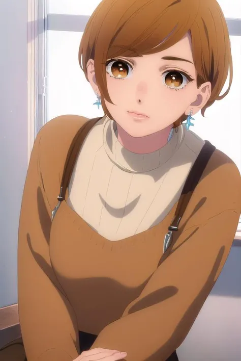 rinfujishiro, <lora:rin fujishiro-alpha-lora-nochekaiser:1>,
rin fujishiro, short hair, bangs, brown hair, (brown eyes:1.5), smile,
BREAK shirt, long sleeves, jewelry, earrings, sweater,
BREAK indoors,
BREAK looking at viewer, (cowboy shot:1.5),
BREAK <lyco:GoodHands-beta2:1>, (masterpiece:1.2), best quality, high resolution, unity 8k wallpaper, (illustration:0.8), (beautiful detailed eyes:1.6), extremely detailed face, perfect lighting, extremely detailed CG, (perfect hands, perfect anatomy),