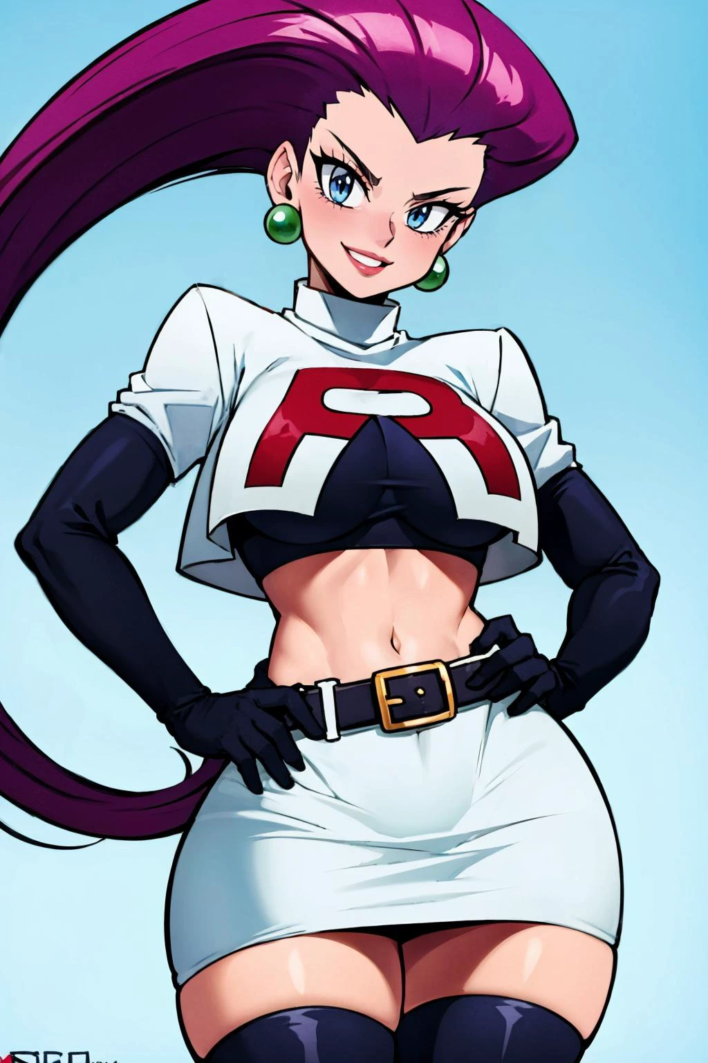 EchoSaber, <lora:jessie-v2:0.85> jessie pokemon, wide hips, lipstick, full lips, narrow waist, solo, team rocket, gloves, hair slicked back, long hair, jewelry, skirt, navel, thighhighs, earrings, elbow gloves, team rocket uniform, crop top, blue eyes, midriff, white background, belt, black gloves, very long hair, simple background, smile, black thighhighs, purple hair, looking at viewer, breasts, white skirt, miniskirt <lora:EchoSaber-10:0.85>