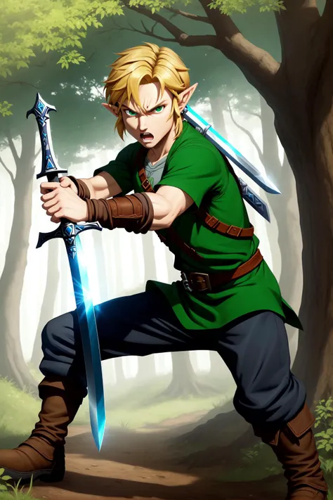 (masterpiece, best quality), detailed face, detailed eyes, 
(1boy), male focus, full body portrait of (link from zelda), blonde hair, short hair, green eyes, angry, sword in hand, shield, fighting stance, 
detailed background, hyrule castle, forest, trees,
