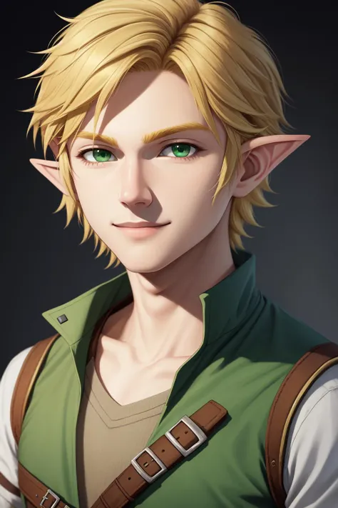 (masterpiece, best quality), detailed face, detailed eyes,
(1boy), male focus, upper body, portrait of (link from zelda), blonde hair, short hair, green eyes, smirk,