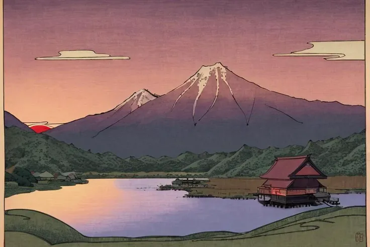 (ukiyo-e), cabin by a lake, sunset, mountains in background, marsh in foreground