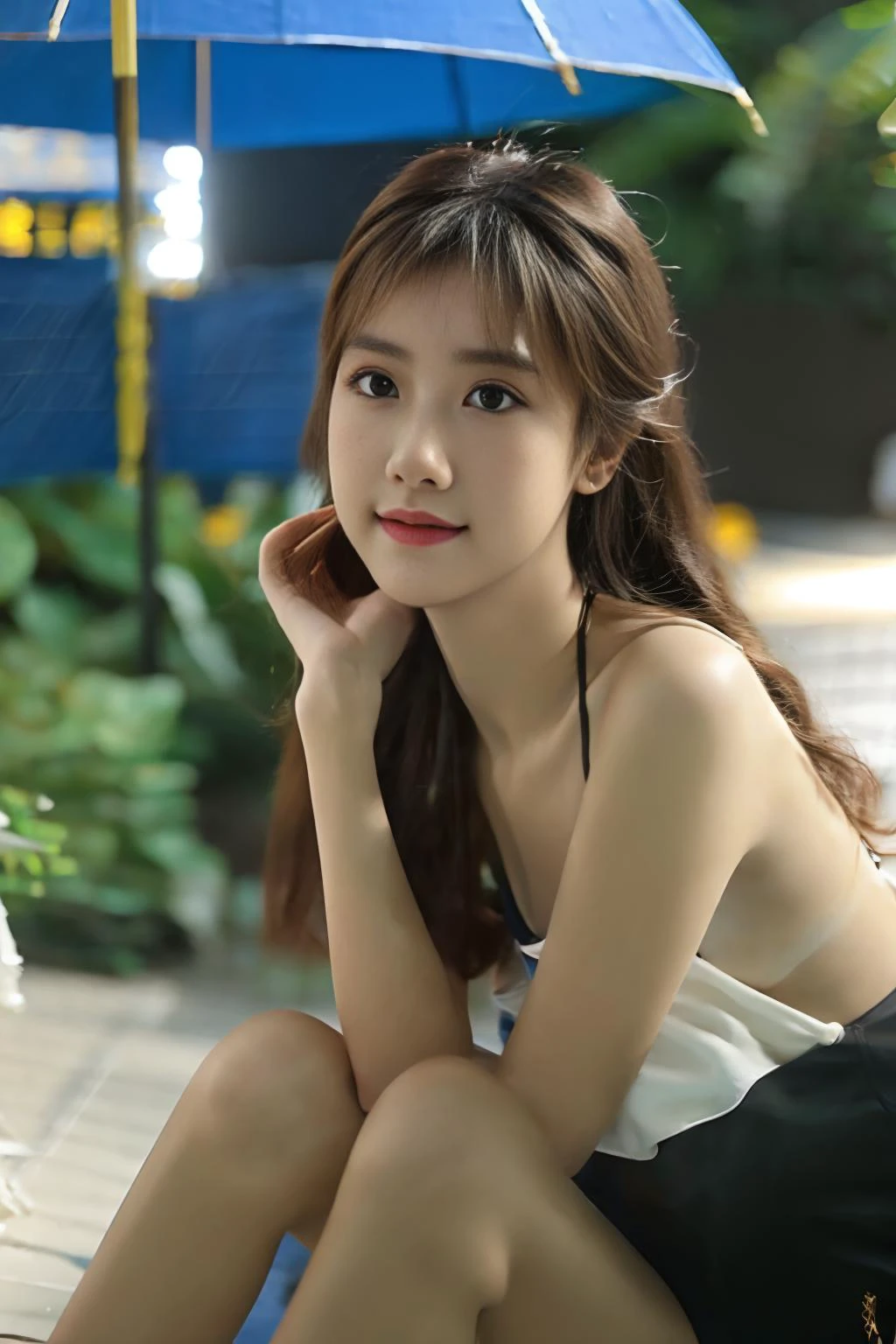1girl,cinematic lighting, (RAW photo, best quality), (realistic, photo-realistic:1), masterpiece, an extremely delicate and beautiful, extremely detailed, 4k wallpaper, Amazing, finely detail, extremely detailed CG unity 8k wallpaper, ultra-detailed, highres, soft light, beautiful detailed girl, detailed face, extremely detailed face, extremely detailed eyes and face, beautiful detailed nose, beautiful detailed eyes, slender body,
1girl, 3d, beach, beach_umbrella, bikini, blurry, blurry_background, blurry_foreground, brown_eyes, brown_hair, cosplay_photo, depth_of_field, lips, looking_at_viewer, motion_blur, outdoors, photo_\(medium\), photo_background, photo_inset, photorealistic, realistic, short_hair, sitting, solo, striped, striped_bikini, swimsuit, vertical-striped_bikini, vertical_stripes,