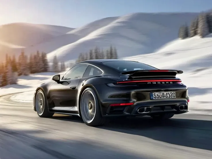 pch922ts car down the road, black car paint, golden hour, snowy mountains landscape background, motion blur, fast, professional photography, flares, bokeh,  <lora:pch922ts_car_SDXL:0.7>