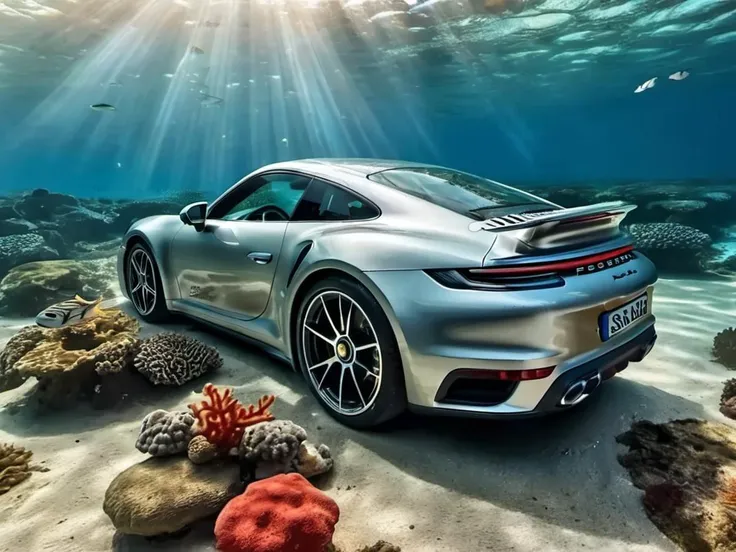 pch922ts car diving underwater, bubbles, coral reef background, colorful small fish swimming around,  god-rays, big shark swimming on top, professional photography  <lora:pch922ts_car_SDXL:0.7>
